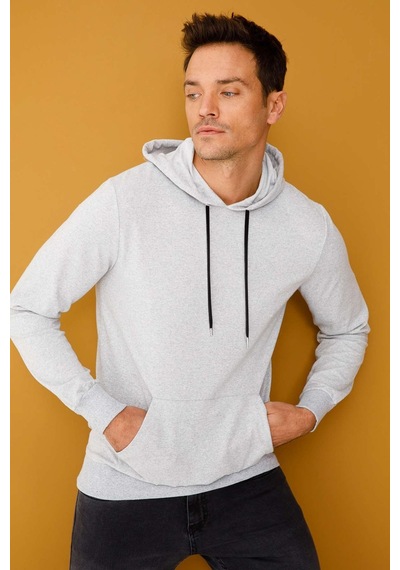 Igs İgs Erkek A.gri Modernfıt / Ekstra Dar Kalıp Kapşonlu Fermuarsız Sweatshirt Açık Gri