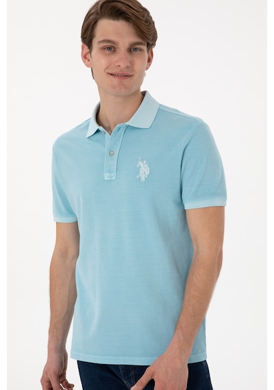 U.S. Polo Assn. Erkek Slim Fit Polo Yaka Açık Mavi Yıkamalı Basic Tişört 50305995-VR007