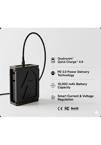 10.000 Mah Şarjmatik Dijital Göstergeli Dahili Power Bank 22.5w Kafe & Restorant Hızlı Şarj Seti Siyah
