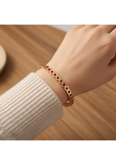 Kadın 14k Kaplama Gold Kırmızı Taşlı Çelik Lastik Bileklik Çok Renkli