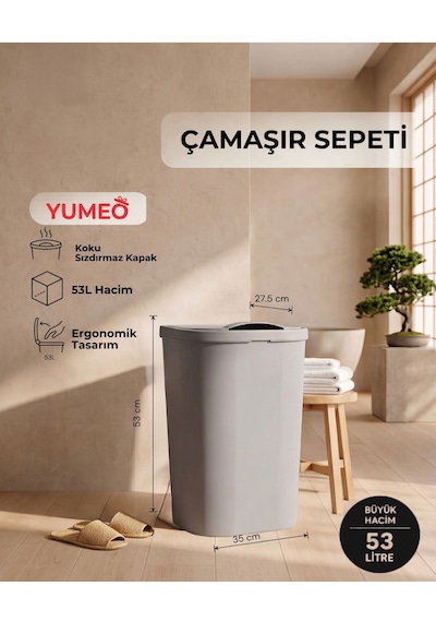 Yumeo Slim 53 Litre Kapaklı Çamaşır Sepeti Dar Alanlara Uygun Plastik Kirli Sepeti Gri Antrasit - Gri