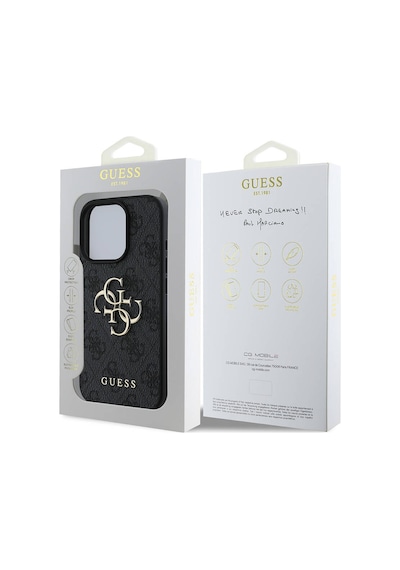 Apple iPhone 16 Pro Uyumlu Kılıf Guess  Lisanslı Pu Deri 4g Desen Metal Büyük 4g Ve Yazı Logo Siyah