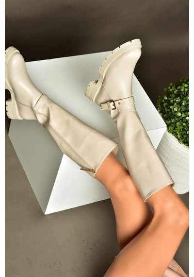 Fox Shoes R518096809 Bej Fermuarlı Alçak Topuklu Kadın Çizme Bej