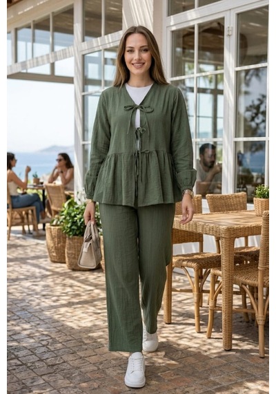 Hb Harma Time Butik Kadın Bağlamalı Çilek Kumaş Haki Tunik Pantolon İkili Takım