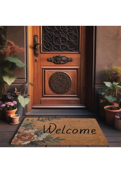 Valerine Life Vintage Kahverengi Zambak Ve Kalp Welcome Kapı Önü Paspası 45x70cm