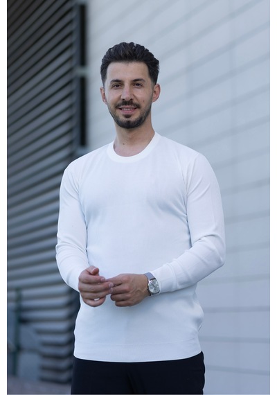Hk Premium Erkek Fitilli Slim Fit Bisiklet Yaka Triko Kazak Beyaz