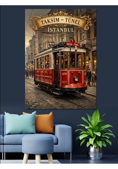 Taksim Tünel Ve Kırmızı Tramvay İstanbul Sokak Dekoratif Kanvas - Mdf Ahşap Tablo Çok Renkli