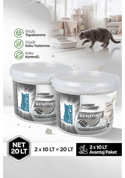 Aktif Karbonlu Bentonit Kedi Kumu 2x10 Lt İnce Taneli, Güçlü Topaklanan, Koku Kontrolü, Kovalı