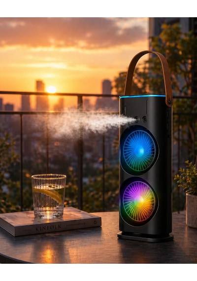 Hubrendy Tekno Şarjlı Buharlı Serinletici Fan Rgb Işıklı Çift Pervaneli Masa Fanı
