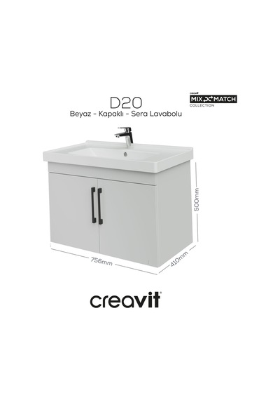 Creavit D20 80 Cm Kapaklı Lavabo Dolabı Beyaz Melamin Kapak Demonte Mat Beyaz