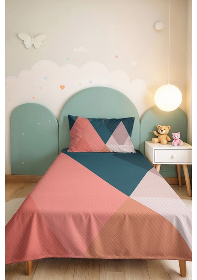 Geometrik Pembe Genç Odası Tek Kişilik Pike Takımı - Petrol Ekru 160x220 Cm Kapitone Yatak Örtüsü Kabuğu Kil Solgunluğu
