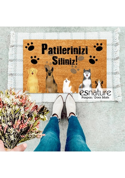Esnature Köpek Desenli Patilerinizi Silin Yazılı Kapı Önü Paspası 45x70 Cm Çok Renkli