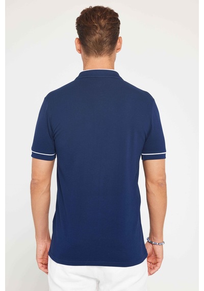Tudors Erkek Slim Fit Dar Kesim %100 Pamuk Düz Pike Fermuarlı Lacivert Polo Yaka Tişört-31109 Lacivert