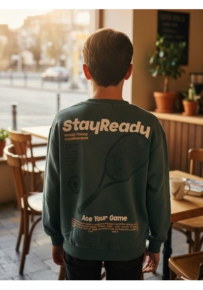 Zekids Erkek Çocuk Pamuklu Stay Yazılı İnce Uzun Kollu Sweatshirt-16334 YESIL