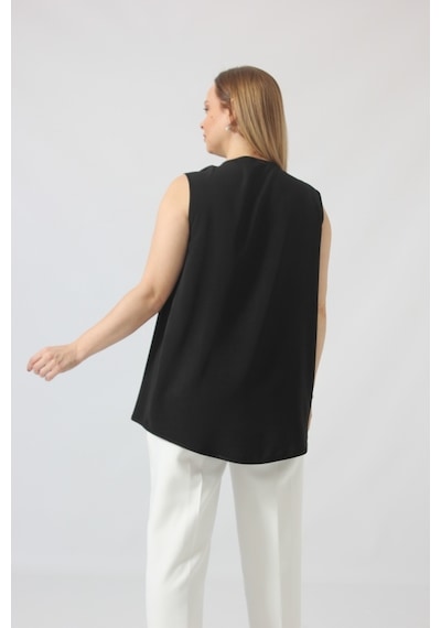 Moda Berray 3291 Yakası Broş Detaylı Siyah Kalın Askılı Bluz