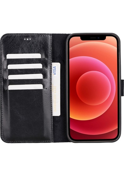 Apple Uyumlu iPhone 12 Pro Max Deri Cüzdanlı Kılıf Rst1 Siyah Siyah