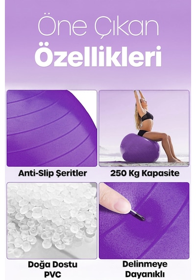 65 Cm Pilates Topu Ve Pompa Seti 155-170 Cm Boy İçin Uygun Dayanıklı Anti-slip Mor