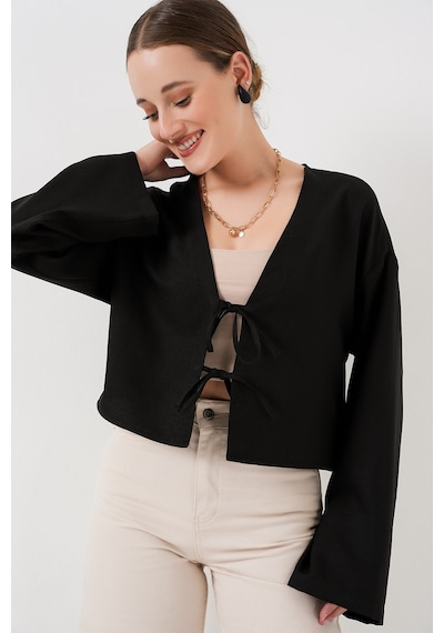 Bigdart Önü Bağlamalı Keten Kimono 960 - Siyah