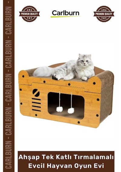 Oyunevi Modern Kedi Köpek Yuvası Peluşlu Ahşap Tek Katlı Tırmalamalı Evcil Hayvan Oyun Evi