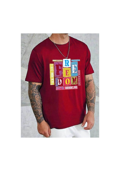 Medinenur Feedom Baskılı Unisex Bisiklet Yaka Tshirt Kırmızı