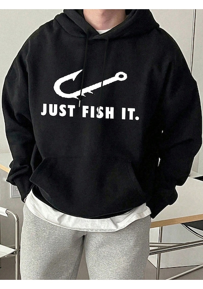 Startmore Startmorejust Fish It Balık Kancası Desenli Baskılı Erkek Kapüşonlu Sweatshirt Moda Polar Sıcak Kazak Siyah