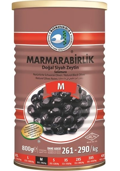 Marmarabirlik Süper Salamura 261-290 KB M Siyah Zeytin Teneke 800 G
