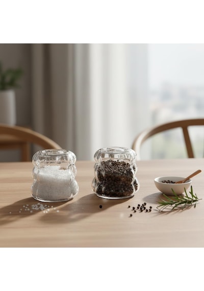 2'li Şeffaf Cam Tuzluk Ve Biberlik Seti - Bubble Küre Desenli Alttan Dolumlu Minimalist Baharatlık 5 Cm Diğer