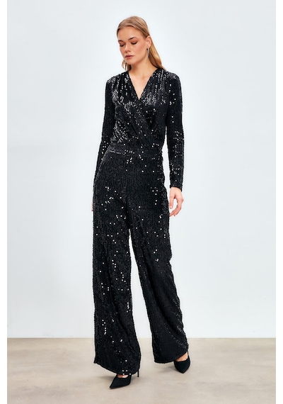 Sateen Bol Paça Payetli Pantolon - Siyah