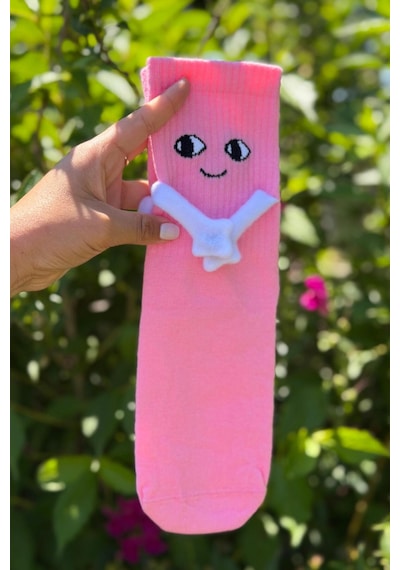 Lousocks Unisex Pembe Elele Tutuşan - Halay Çeken Çorap 1 Çift - Sevimli Yüz İfadeli Soket Çorap