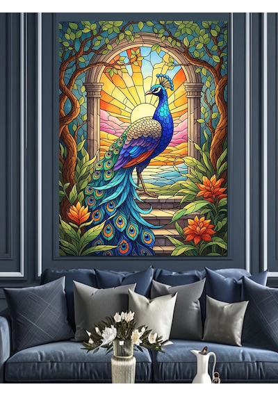 Ahşap Tablo Vitray Desenli Tavus Kuşu