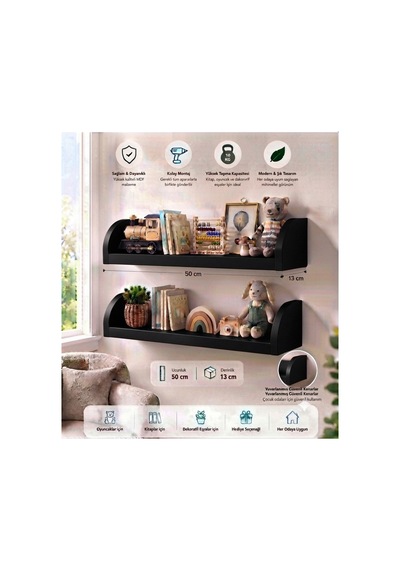 Duvar Rafı 50x13 Cm Mdf Çocuk Odası Kitap ,oyuncak Ve Dekor Rafı Siyah