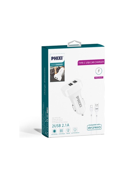 Phixi PCC511T Basic 2.1A Çift Çıkışlı Type-C USB Kablolu Araç Şar