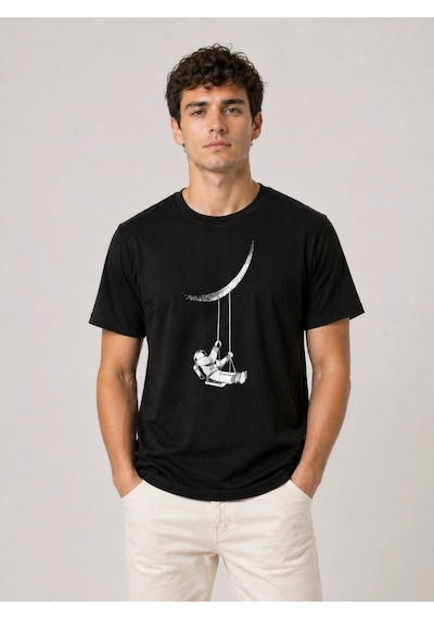 Barlashive Erkek Astronot Ay Temalı Tişört Kısa Kol Yazlık Bisiklet Yaka T-shirt - Siyah Çok Renkli