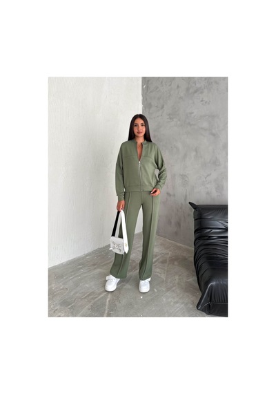 Gugus Kadın Fermuarlı Kolej Yaka Aysho Model Bol Paça Wide Leg Eşofman Takımı Haki