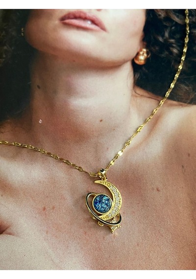 Pinery Jewels Zirkon Taşlı Ay Yıldız Kararmaz Çelik Kadın Gold Kolye Altın