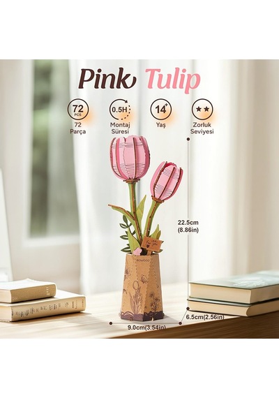 Rowood Tw082 Pembe Lale Çiçek Pink Tulip Dıy Minyatür Maket Model Ahşap 3d Wooden Puzzle Model Kit Ahşap Maket Dekoratif Hobi Seti