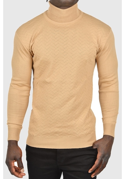 Deepsea Erkek Camel Zigzag Desenli Tam Balıkçı Yaka Dar Kesim Boğazlı Triko Kazak 2505497 Camel
