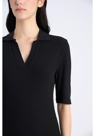 DeFacto Bodycon Vücudu Saran Polo Yaka Fitilli Kaşkorse Kısa Kollu Midi Elbise E6806AX25SPBK27