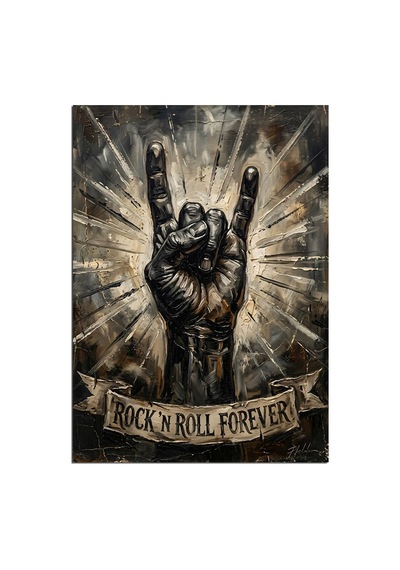 Rock N Roll Ve El Ve Işıklı Tabela Dekoratif Kanvas - Mdf Ahşap Tablo