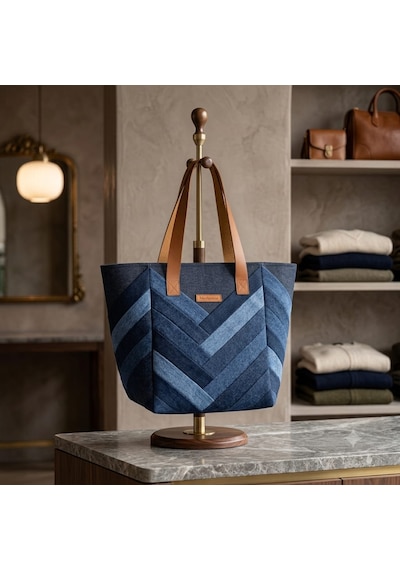Kadın El Yapımı Patchwork Çok Parçalı Denim Omuz Çantası - Özel Tasarım Kot Tote Bag Çok renkli