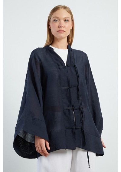 Fullamoda Geniş Kol Oversize Transparan Kimono Lacivert
