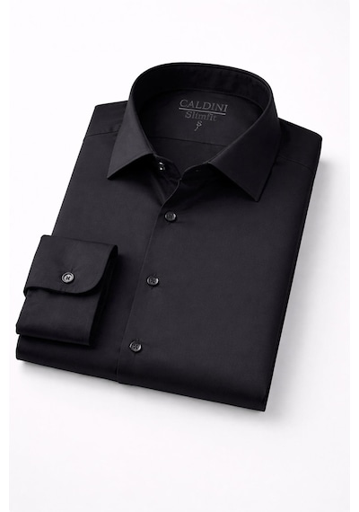 Classics Men Slim Fit Uzun Kollu Kolay Ütü Pamuk Saten Erkek Gömlek Siyah