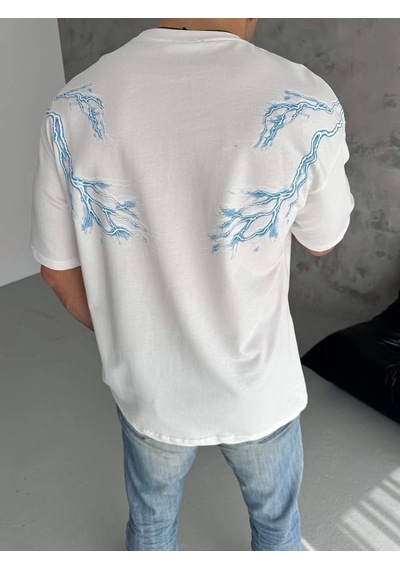 Unisex Bisiklet Yaka Baskılı Oversize T-shirt - Beyaz