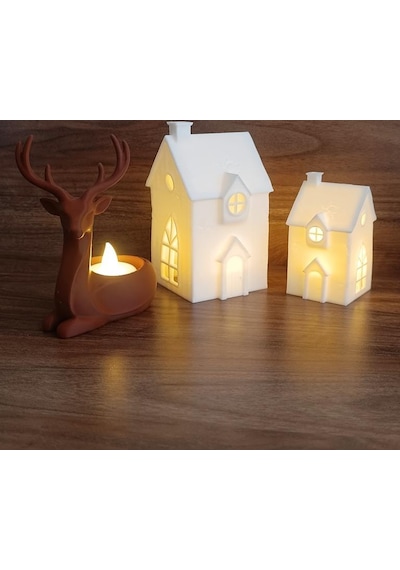 Kış Evleri Geyik Mumluk Noel Yılbaşı Süsü Dekoratif Biblo Tealight Mumluk Seti Mumlar Dahildir