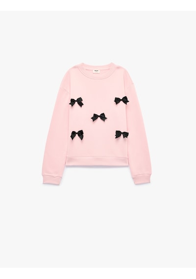 Koton Fiyonklu Uzun Kollu Bisiklet Yaka Pamuklu Şardonlu Sweatshirt Pembe 7wkg10081ak Gül