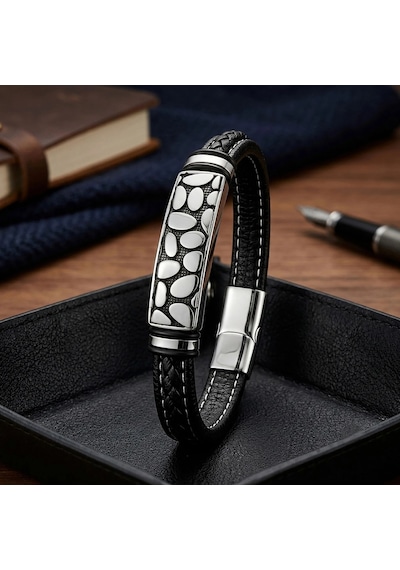Moncuk Design River Stone Motifli Çelik Kilitli Siyah Deri Erkek Bileklik 33511b8d4