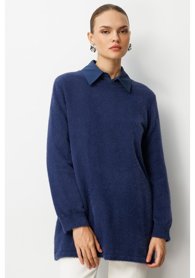 Mizalle Yuvarlak Yaka Oversize Yumuşak Dokulu Lacivert Triko Kazak Lacivert