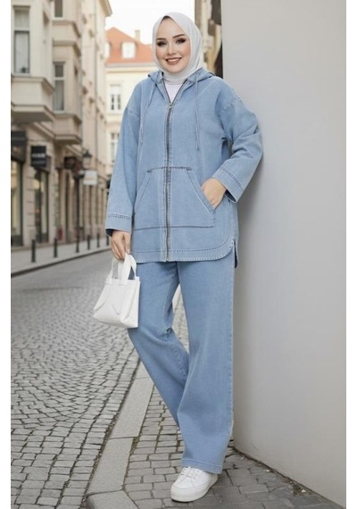 Hb Harma Time Butik Kadın Kapüşonlu Cepli Kot Mavi Tunik Pantolon Takım
