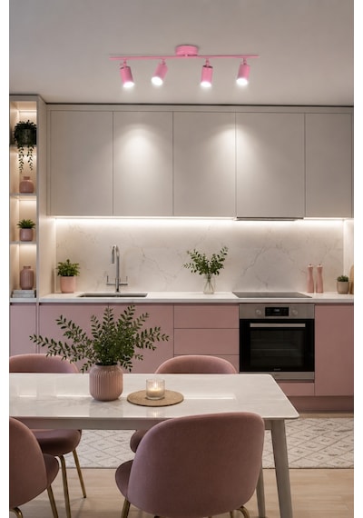 Spoty 4'lü Pembe Renkli Beyaz Işık Modern Tasarım Salon - Mutfak - Banyo Spot Sıralı Avize