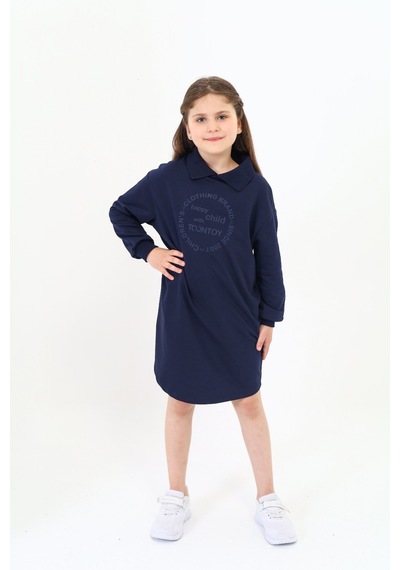 Kız Çocuk Baskılı Oversize Polo Yaka Uzun Kollu Elbise Lacivert